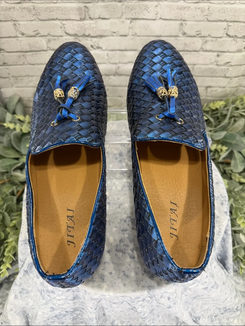 JITAI - Metallic Blue Faux Leather Basket Weave Tassel Fashion Loafers Mens 11.5